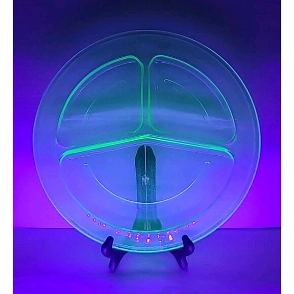 Vintage Green Uranium Depression Glass Plate Divided 3 Sections 11" 1930's - Picture 2 of 7